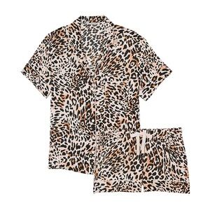 Victoria’s Secret Wavy Leopard Brown Satin Short Pajamas Set Size Large NEW